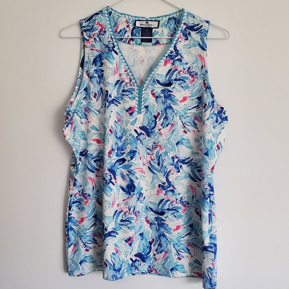 STELLA PARKER Women's Floral Sleeveless Sports Top Crochet V Neck M